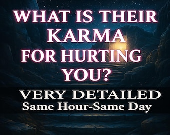 May include: Image with text: "WHAT IS THEIR KARMA FOR HURTING YOU?" and "VERY DETAILED Same Hour-Same Day" in white and pink neon-style lettering. The background depicts a stone staircase leading to a glowing doorway.