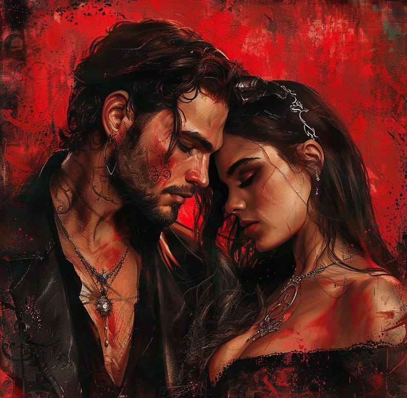 May include: A close-up portrait of a couple with dark hair. The man is on the left and the woman is on the right. They are leaning in close to each other, with their foreheads touching. The man is wearing a black leather jacket and the woman is wearing a black dress. The background is a red and orange abstract painting.