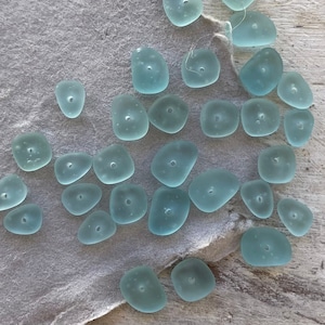 Aqua Blue SEA GLASS Beads with Holes for Jewelry Making, 30 Tiny Center Drilled Pebbles, Handmade Glass Beads, Gift for Crafters