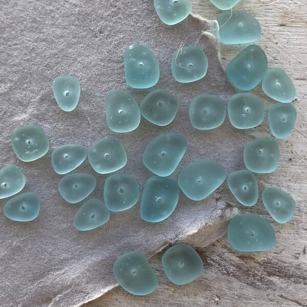 Aqua Blue SEA GLASS Beads with Holes for Jewelry Making, 30 Tiny Center Drilled Pebbles, Handmade Glass Beads, Gift for Crafters