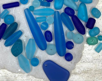 Sea Glass BEAD MIX for Jewelry Making and Crafts,Make Beach Jewelry and Home Decor, Mixed Blue Beads in Glass Jar, Gift for Crafters
