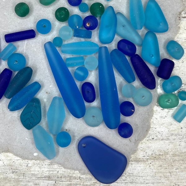 Sea Glass BEAD MIX for Jewelry Making and Crafts,Make Beach Jewelry and Home Decor, Mixed Blue Beads in Glass Jar, Gift for Crafters