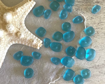 Turquoise Blue SEA GLASS Beads with Holes for Jewelry Making, 30 Tiny Center Drilled Pebbles, Handmade Glass Beads, Gift for Crafters