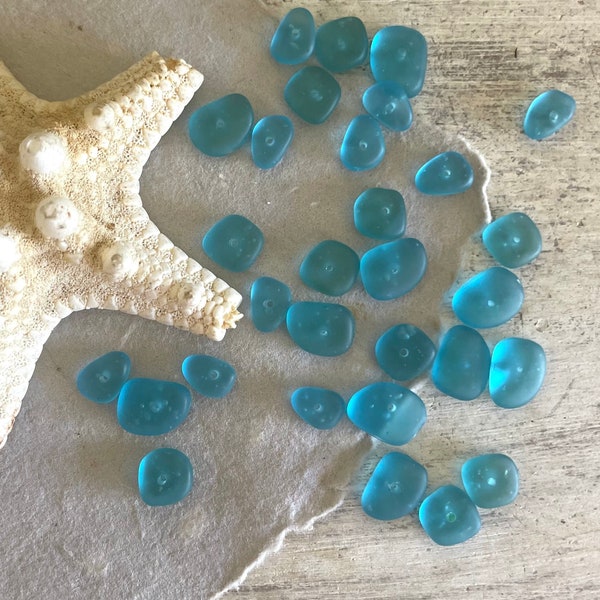 Turquoise Blue SEA GLASS Beads with Holes for Jewelry Making, 30 Tiny Center Drilled Pebbles, Handmade Glass Beads, Gift for Crafters