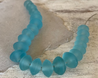 Aqua Blue SEA GLASS Beads for Jewelry Making,  Handmade and Tumbled Beads, Center Drilled Saucer Shape, Make Beach Jewelry and Home Decor