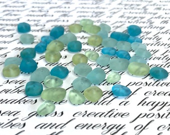 Mixed Blue and Green SEA GLASS Beads with Holes for Jewelry Making, 48 Tiny Center Drilled Pebbles, Handmade Glass Beads, Gift for Crafters