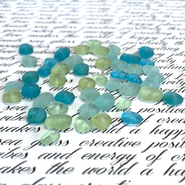 Mixed Blue and Green SEA GLASS Beads with Holes for Jewelry Making, 48 Tiny Center Drilled Pebbles, Handmade Glass Beads, Gift for Crafters