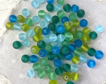 Mixed Blue and Green SEA GLASS Beads with Holes for Jewelry Making, 125 6mm Drilled Round Beads, Handmade Glass Beads, Gift for Crafters