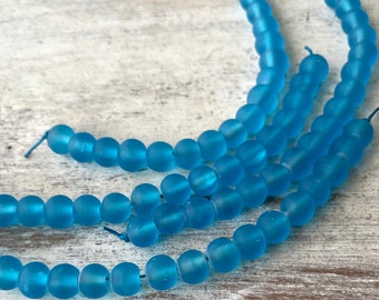6mm Turquoise Blue SEA GLASS Beads for Jewelry Making and Crafts, Handmade Tumbled Glass, 24 Round Frosted Matte Beads, DIY Beach Jewelry