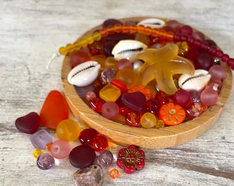 Tropical Sunrise Designer BEAD MIX for Jewelry Making and Crafts, Red, Orange and Pink Sea Glass, Czech Glass, Make Bracelets and Earrings