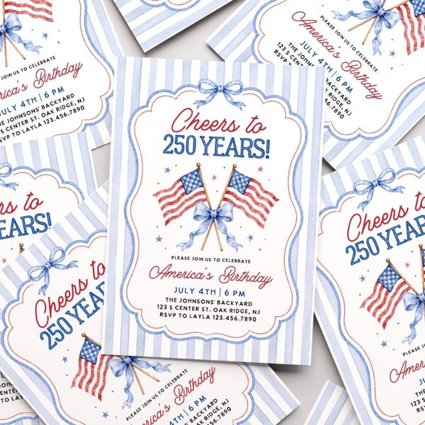 4th of July Party Invitation, Patriotic Independence Day Celebration Invite, Cheers to 250 Years, Editable Canva Template