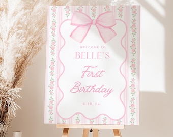 Vintage Pink Bow Floral Welcome Sign | Elegant Coquette Bow & Roses | Customizable Text | Instant Download
