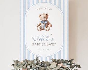 Teddy Bear Baby Shower Welcome Sign | We Can Bearly Wait | Blue Grandmillennial Boy Baby Shower Decor | Instant Download