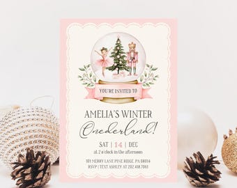 Rosa Nussknacker-Einladung, Winter Onederland Mädchen 1.Geburtstag, Pastell-Weihnachtsfeier einladen, bearbeitbare Canva-Vorlage