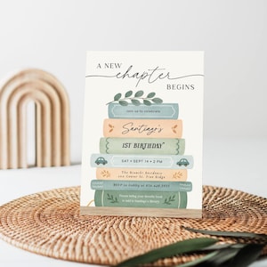 Storybook Birthday Invitation, A New Chapter, Any Age Editable Blue Green Book Invite, Instant Download
