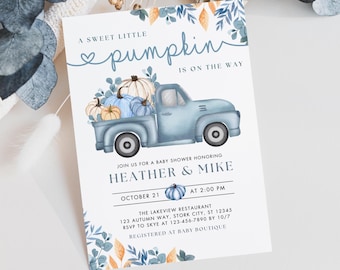 Invitación para baby shower de calabaza / Invitación para baby shower de niño azul con una dulce calabaza / Descarga instantánea