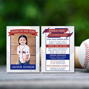 Baseball Spieler Karte | Rookie of the Year Sammelkarte | MVP | Junge 1. Geburtstag Baseball Party | Bearbeitbare Vorlage | Sofort Download