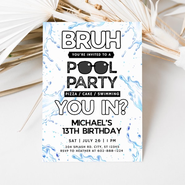 Bruh Pool Party Birthday Invitation, Boy Summer Swim Party Invite, Editable Canva Template