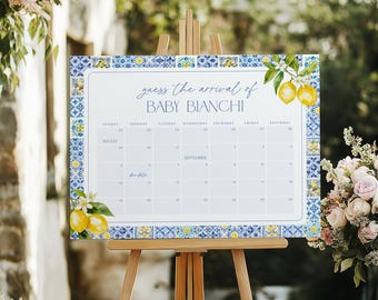 Calendario della data di nascita del bambino con limone della Costiera Amalfitana / Gioco per baby shower con agrumi del Mediterraneo italiano / Cartello con piastrelle blu / Indovina la data di arrivo del bambino