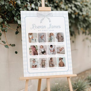 Gingham Bow 1st Birthday Photo Board | Grandmillennial First Year Monthly Photo Sign | Editable Colors | Instant Download