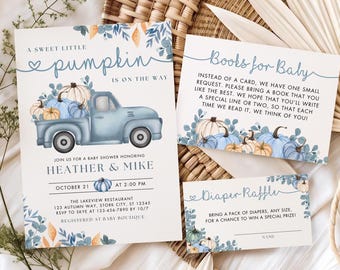 Pumpkin Baby Shower Invitation Bundle | Sweet Little Pumpkin Blue Boy Baby Shower Invite | Instant Download