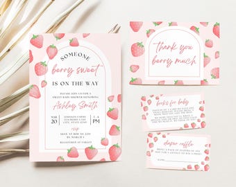 Strawberry Berry Sweet Baby Shower Invitation Bundle | Boho Pink Girl Watercolor Strawberry Invite | Instant Download