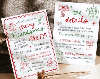 May include: Two white rectangular party invitation cards with red and green festive illustrations including a wreath, Christmas tree, candy cane, bow, disco ball, and gingerbread man. The text reads Merry Friendsmas Party and The Details.