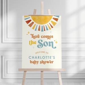 Here Comes the Son Baby Shower Welcome Sign | Retro Sun Boy Baby Shower Welcome Poster | Instant Download