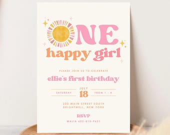 One Happy Girl, Boho Sun First Birthday Invitation, Minimalist Retro 1st Birthday Party Invite, Editable Canva Template