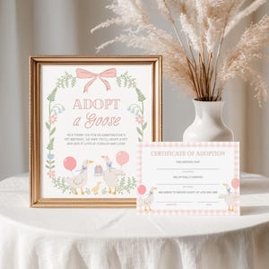 One Silly Goose-adoptiebord en -certificaat | Bewerkbaar bord 'Adopteer een gans' | Grandmillennial bloemenroze strik 1e verjaardag | Direct downloaden
