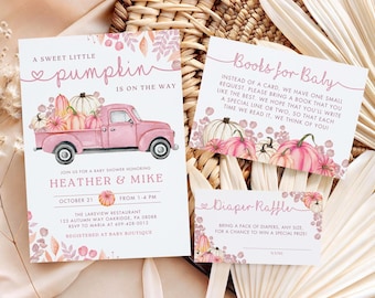 Pumpkin Baby Shower Invitation Bundle | Sweet Little Pumpkin Pink Girl Baby Shower Invite | Instant Download