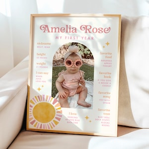 Letrero de primer año con el sol / Primer viaje alrededor del sol / Chica sol bohemia retro 1er cumpleaños / Descarga instantánea