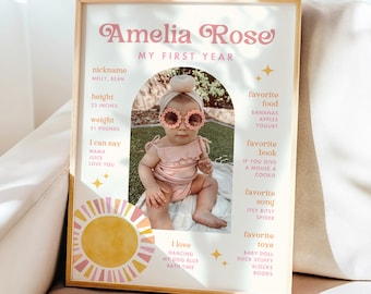 Sun First Year Milestone Sign | First Trip Around the Sun | Boho Retro Sun Girl 1st Birthday | Instant Download