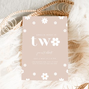 Convite de segundo aniversário Boho Daisy | Modelo de convite floral minimalista para o segundo aniversário | Download instantâneo