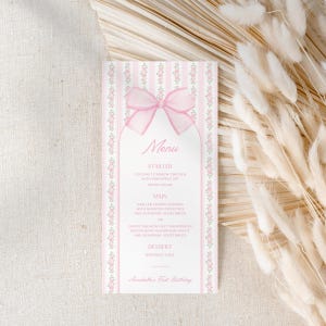 Vintage Rosa Schleife Blumenmenü Karte | Elegante Kokette Schleife Rose Party Dekoration | Sofort Download