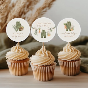 Lokal gewachsene Babyparty Cupcake Toppers | Bauernmarkt-Babyparty-Dekor | Sofort Download