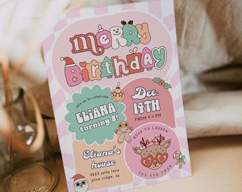 May include: A festive invitation with the words "Merry Birthday" in colorful, retro lettering. The invitation includes details for Eliana's 8th birthday party, with a Christmas theme, including a Santa Claus graphic and a reindeer wearing heart-shaped glasses.