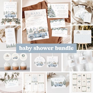 May include: A collection of baby shower stationery with a winter theme. Includes invitations, thank you cards, cupcake toppers, and a calendar. Designs feature a blue truck, pine trees, and the text "Baby it's cold outside."