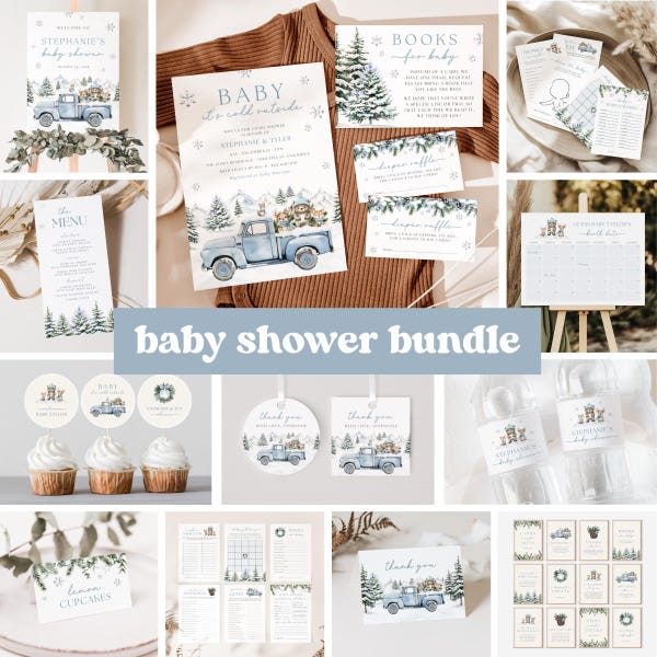 Baby It's Cold Outside Baby Shower Invitation Bundle, Editable Winter Woodland Invite & Decor