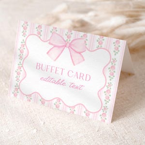 Tarjetas de buffet con etiquetas de comida con diseño floral y lazo rosa vintage / Decoración elegante para fiestas con lazo de coqueta y rosas / Tarjetas de carpa y tarjetas planas / Descarga instantánea