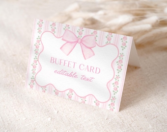 May include: Pink and white striped card with a pink bow and a white border. The card says "BUFFET CARD editable text".