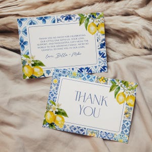 Amalfi Coast Lemon Thank You Card | Italian Mediterranean Citrus Baby Shower Decor | Blue Tiles | Italy Theme | Instant Download