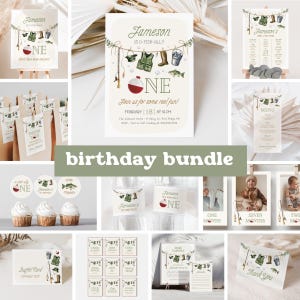 May include: A printable birthday party bundle with a fishing theme. The bundle includes invitations, thank you cards, food labels, cupcake toppers, and a menu. The design features a red and white fishing bobber, a green fishing vest, a bucket, and a fishing rod.
