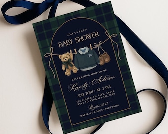 Polo Baby Shower Invitation, Preppy Teddy Bear Baby Shower, Tartan Plaid Equestrian Invite, Gender Neutral Editable Canva Template