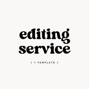 Puede incluir: Texto negro sobre un fondo crema que dice "editing service" en una fuente negrita y redondeada. Debajo, en una fuente más pequeña, dice "/ 1 TEMPLATE /". El diseño es simple y moderno.