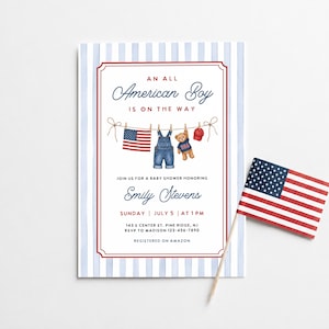 May include: A baby shower invitation with a patriotic theme. The invitation features a red and blue striped border, with the text "An All American Boy Is On The Way." A small American flag is included.