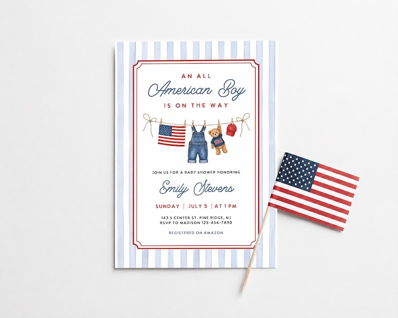 May include: A baby shower invitation with a patriotic theme. The invitation features a red and blue striped border, with the text "An All American Boy Is On The Way." A small American flag is included.