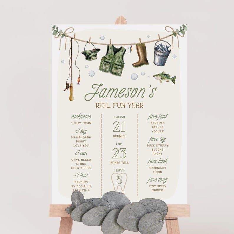 May include: A printable chart for a child's first year, featuring a fishing theme. The chart includes the child's name, Jameson, and details about their growth, including weight, height, and number of teeth. The chart is decorated with a fishing rod, a bucket, a fishing vest, and a fish.
