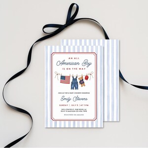 May include: Baby shower invitation with a blue and white striped background. The invitation features the text "An All American Boy is on the Way" in elegant script. Illustrations of a flag, overalls, a teddy bear, and a cap are included.