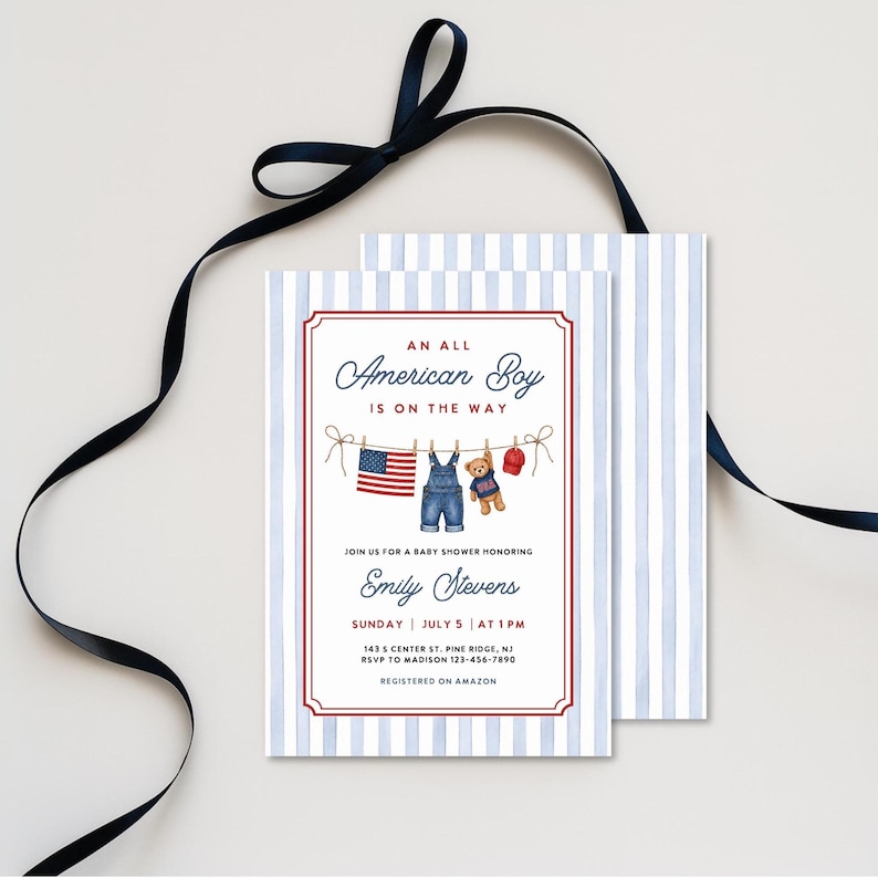 May include: Baby shower invitation with a blue and white striped background. The invitation features the text "An All American Boy is on the Way" in elegant script. Illustrations of a flag, overalls, a teddy bear, and a cap are included.